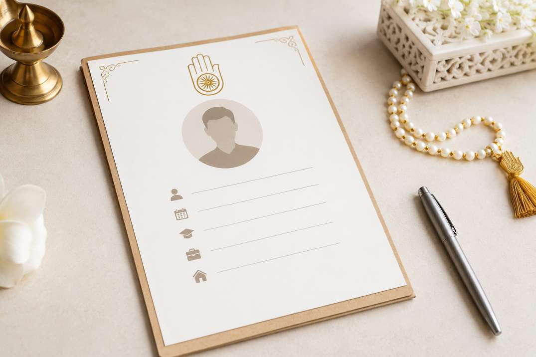 Jain marriage biodata format — biodata form with Jain hand symbol on a desk with diya and mala Jain marriage biodata format — biodata form with Jain hand symbol on a desk with diya and mala