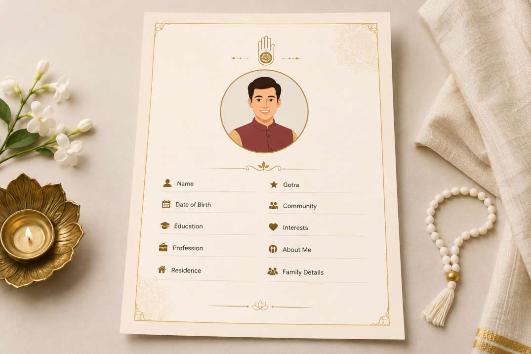 Jain marriage biodata format ready-to-use sample — printed biodata with groom's avatar, golden border, and Jain symbol Jain marriage biodata format ready-to-use sample — printed biodata with groom's avatar, golden border, and Jain symbol