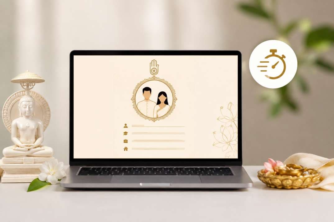 Create your Jain marriage biodata online in minutes — laptop showing Jain biodata template with BiodataPlus interface Create your Jain marriage biodata online in minutes — laptop showing Jain biodata template with BiodataPlus interface