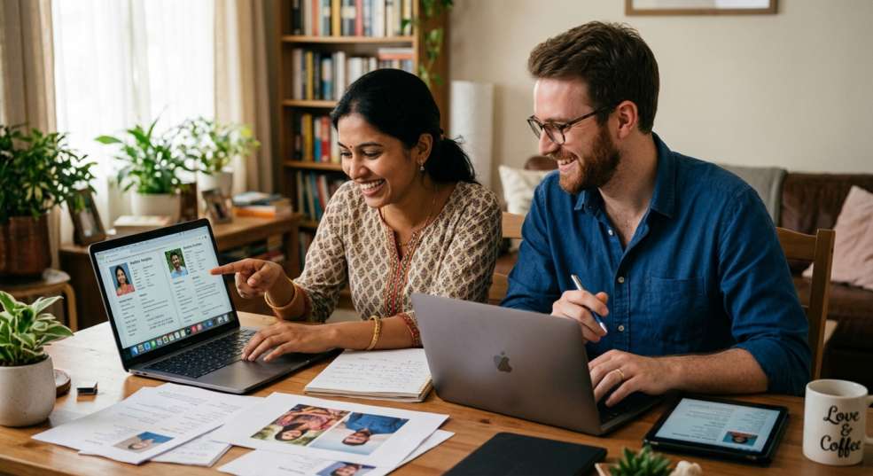 Couple creating marriage biodatas in multiple Indian languages on a laptop together — using BiodataPlus to create professional PDFs without formatting issues Couple creating marriage biodatas in multiple Indian languages on a laptop together — using BiodataPlus to create professional PDFs without formatting issues