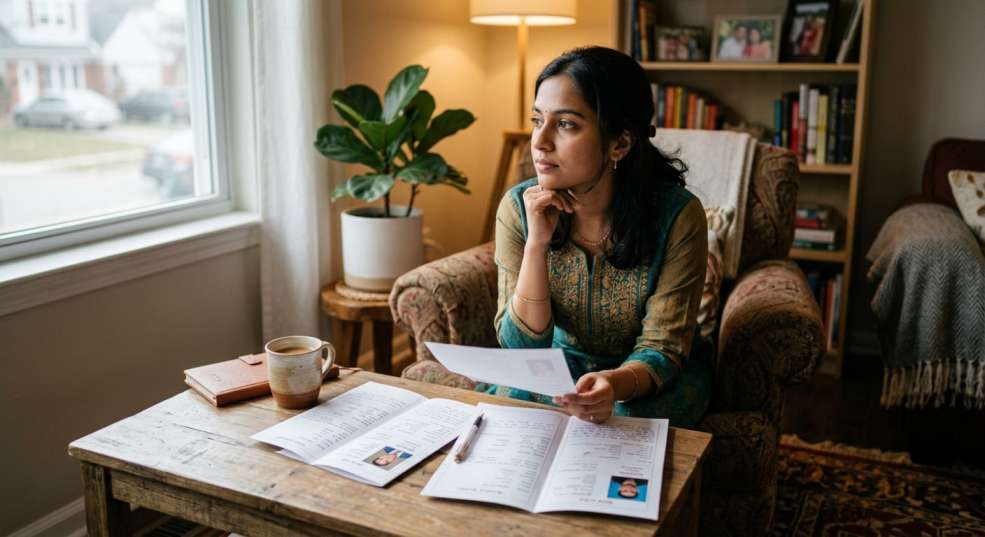 Woman thoughtfully reviewing marriage biodata papers at a desk — deciding between regional language and English biodata for her marriage search Woman thoughtfully reviewing marriage biodata papers at a desk — deciding between regional language and English biodata for her marriage search