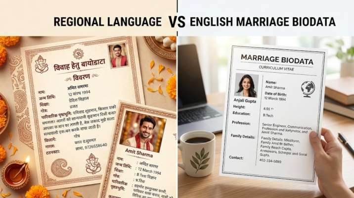 Regional Language vs English Marriage Biodata comparison — side-by-side view of a Hindi biodata with traditional design and an English biodata with modern professional layout Regional Language vs English Marriage Biodata comparison — side-by-side view of a Hindi biodata with traditional design and an English biodata with modern professional layout