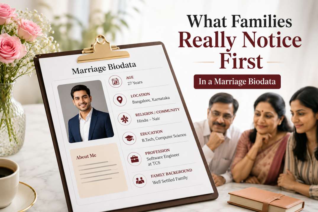 What families really notice first in a marriage biodata — biodata on a clipboard with age, location, religion, education, profession and family background highlighted as key scan points What families really notice first in a marriage biodata — biodata on a clipboard with age, location, religion, education, profession and family background highlighted as key scan points