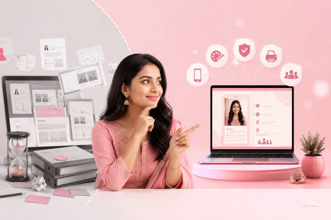 What makes a dedicated marriage biodata maker different — woman at laptop with icons showing mobile, print, share and template options for structured matrimonial biodata creation What makes a dedicated marriage biodata maker different — woman at laptop with icons showing mobile, print, share and template options for structured matrimonial biodata creation