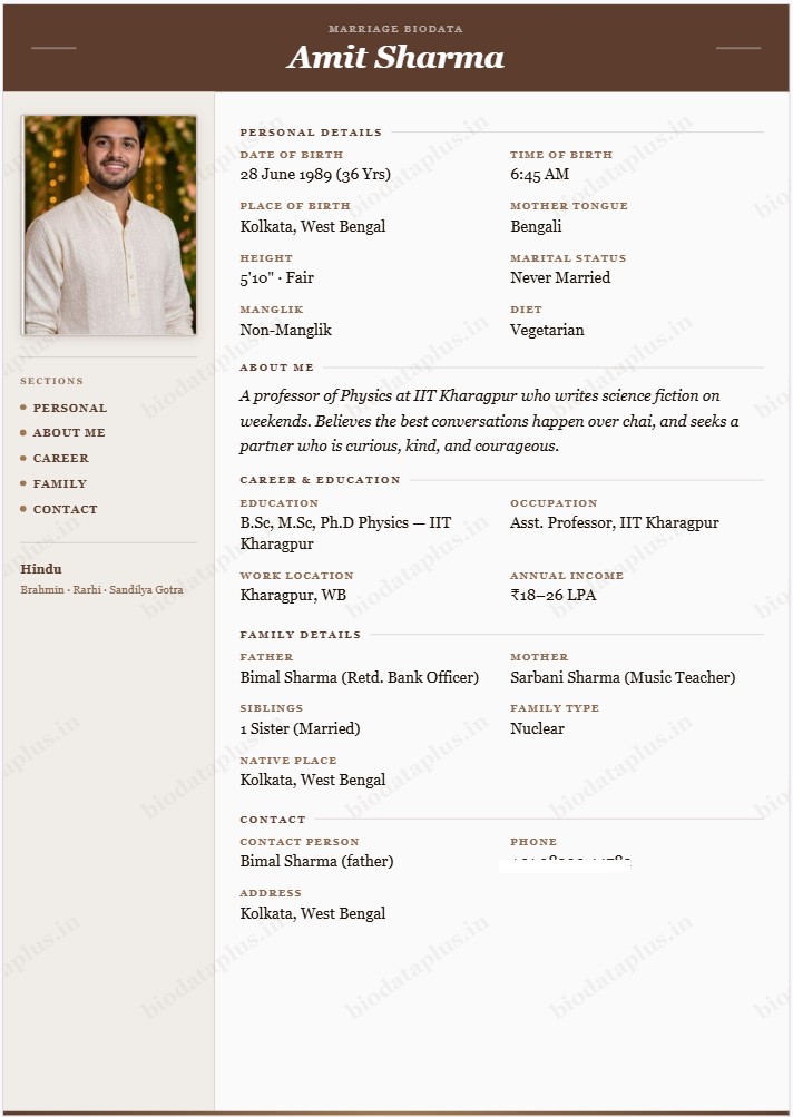 Classic marriage biodata format — sample biodata of Rohan Verma in traditional brown and cream design