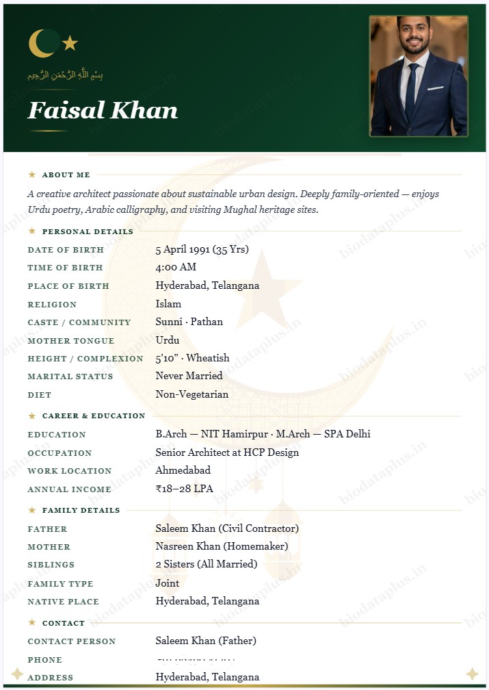 Muslim Green marriage biodata format — sample biodata of Amit Sharma in green and gold design