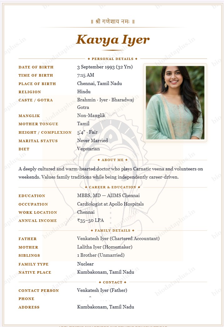 Classic Ganesha marriage biodata format — sample biodata of Riya Menon with Ganesha invocation at top
