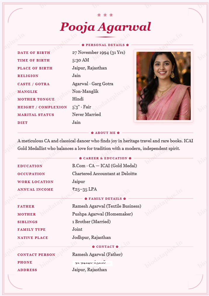 Rose marriage biodata format — sample biodata of Kavya Iyer in elegant pink floral design