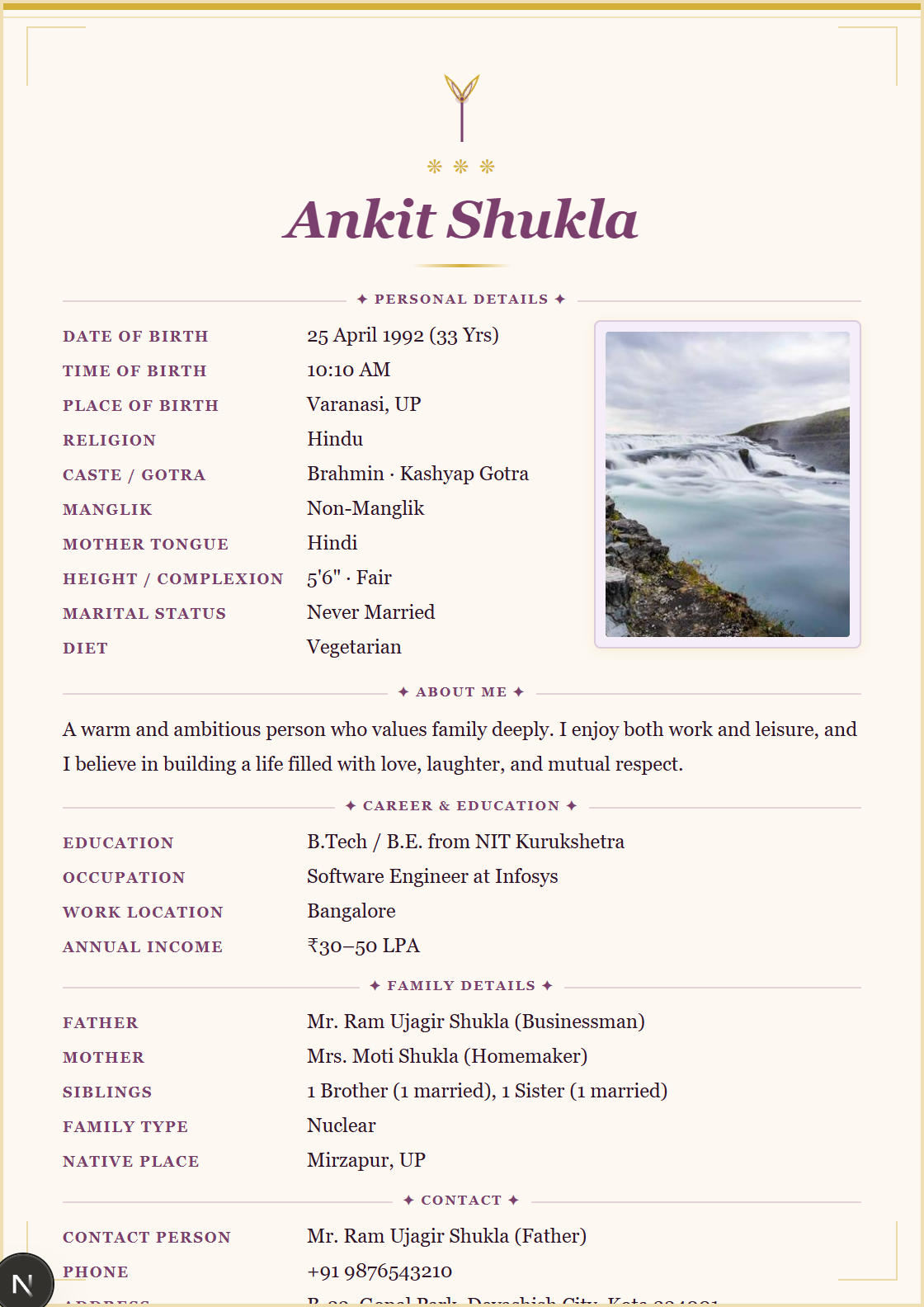 Mauve Gold marriage biodata format — rich purple and gold tones, popular bride template