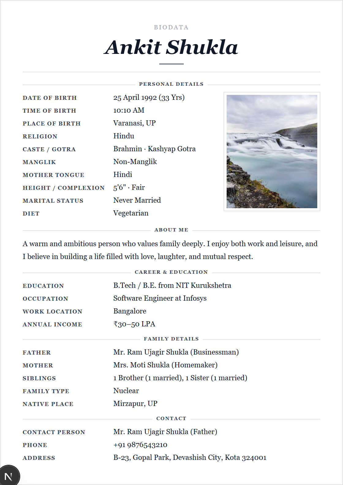 Plain White marriage biodata format — clean minimalist design with no graphics