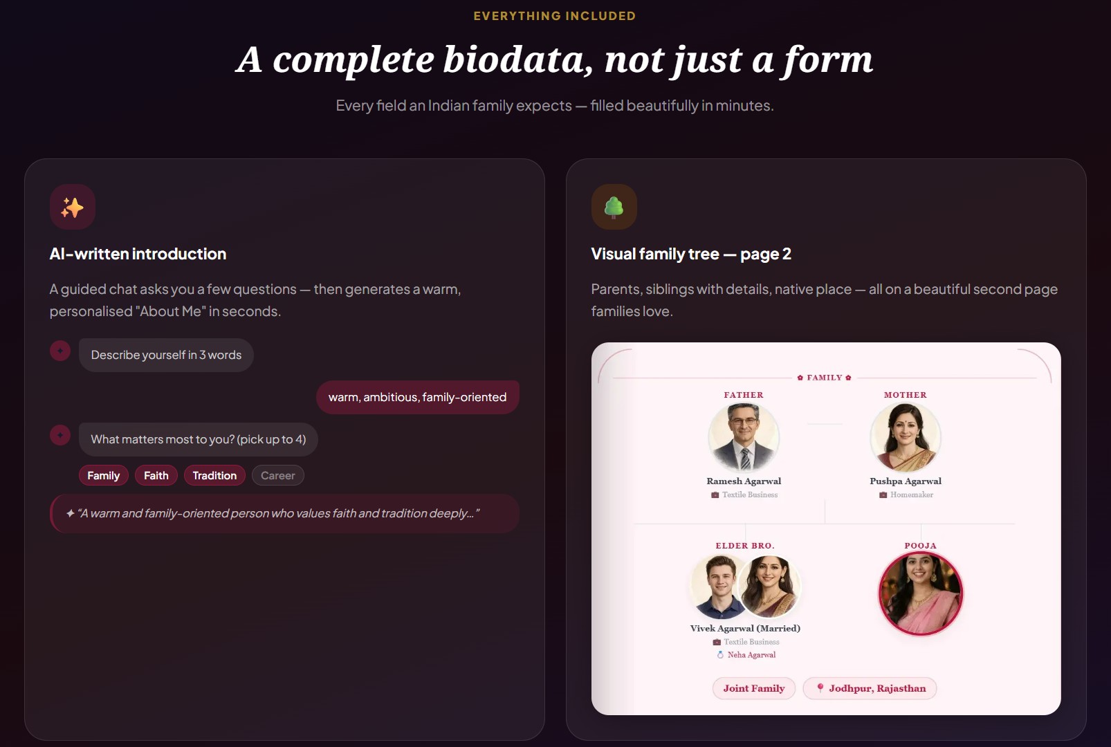 BiodataPlus AI-generated About Me section — personalised biodata introduction written automatically